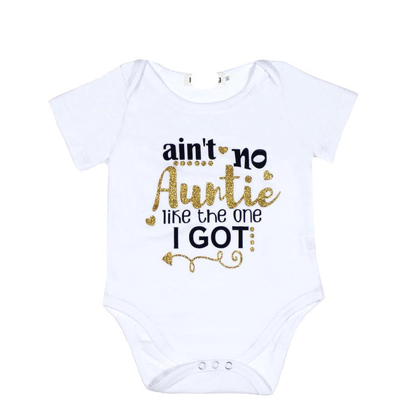 Ain't No Auntie Like the One I Got - Baby Girl Onesie Bodysuit (White, Black & Gold)