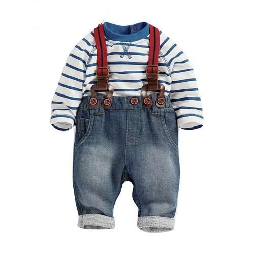 Striped T-shirt and Suspender Denim Jeans 2 pc. Set Baby Boy and Toddler (Medium Wash)