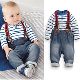 Striped T-shirt and Suspender Denim Jeans 2 pc. Set Baby Boy and Toddler (Medium Wash)