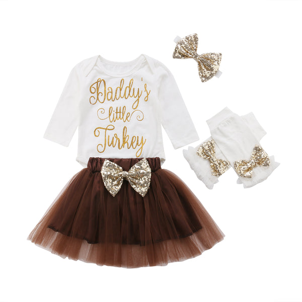 Daddy's Little Turkey 🦃 - Thanksgiving T-Shirt, Tutu Skirt, Hair Bow and Leg Warmers 4pc. Outfit Baby Girl (Brown & White)