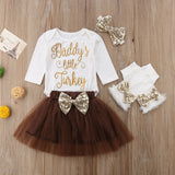 Daddy's Little Turkey 🦃 - Thanksgiving T-Shirt, Tutu Skirt, Hair Bow and Leg Warmers 4pc. Outfit Baby Girl (Brown & White)