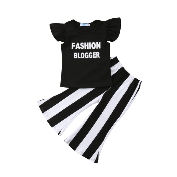Fashion Blogger - Ruffled T-shirt and Striped Pants 2pc. Set Baby Girl and Toddler (Black & White)