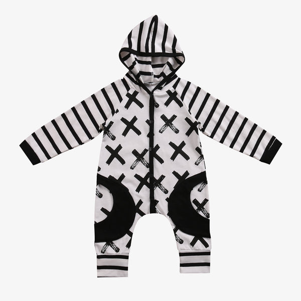 Stripes and X-Print ✖️ Hooded Long Sleeve Jumpsuit Baby Boy (White & Black)