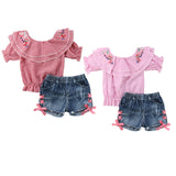 🌸 Floral Embroidered Gingham Off Shoulder Top and Side Lace Denim Shorts 2pc. Set Baby Girl and Toddler (Pink/Red) 🌸