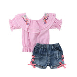 🌸 Floral Embroidered Gingham Off Shoulder Top and Side Lace Denim Shorts 2pc. Set Baby Girl and Toddler (Pink/Red) 🌸