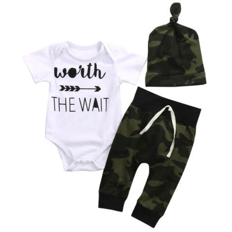 Worth the Wait - Camouflage Onesie, Pants & Hat 3pc. Clothing Set Baby Boy (Olive Green/Black)