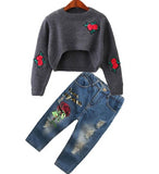 Floral Applique 🌹 and Sequins Crop Sweater and Denim Jeans 2pc. Set Toddler Girl (Red & Denim Multi)