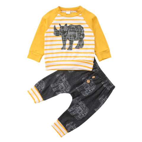 Rhinoceros Print 🦏Top and Pants 2pc. Set Baby Boy (Mustard & Gray Multi)