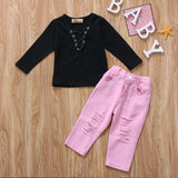Lace Up Eyelet Top and Distressed Denim Jeans 2pc. Set Baby Girl and Toddler (Black & Pink)