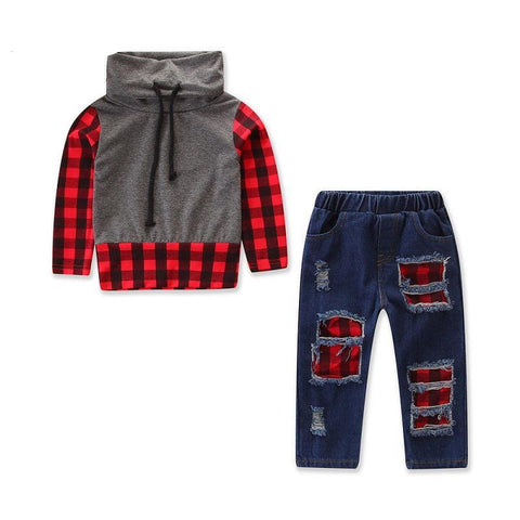 Plaid Lumberjack Shirt and Distressed Denim 2 pc. Set Baby and Toddler (Red, Black, Gray & Denim)