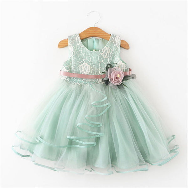 Frilly Tulle Formal Dress with Flower Toddler Girl (White/Green/Pink)