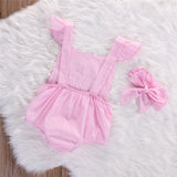 Frilly Lace Ruffled Sleeve Backless Romper with Headband 2pc. Set Baby Girl (Pink/White)
