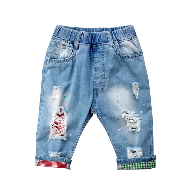 Ripped & Distressed Denim Jeans with Gingham Print Hem Toddler Boy (Light Blue Wash)