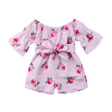 Flowers and Stripes Bell Sleeve Belted Romper Baby Girl and Toddler (Pink/Red)