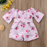 Flowers and Stripes Bell Sleeve Belted Romper Baby Girl and Toddler (Pink/Red)