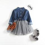 Long Sleeve Denim Top Tulle Bottom Dress Toddler Girl (Light Wash Denim/Dark Wash Denim)
