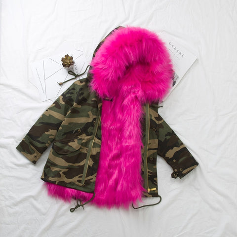 Hooded Vegan Fur Lined Zip Front Winter Coat Baby Girl Toddler (Green/Gray/Black/Pink