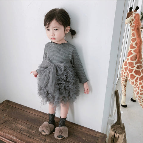 Super Frilly Bottom Dress with Bow at Waist Baby Girl and Toddler (Available in Pink, Gray or White)