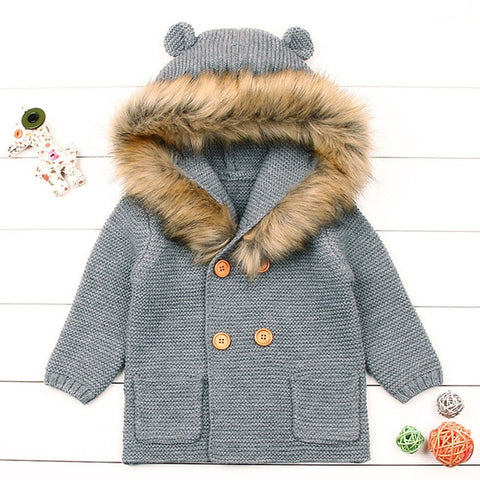 Fur Hooded Sweater Coat with Animal Ears Unisex Baby Boy Girl  (Gray/Pink/White)