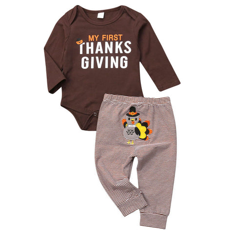 My First Thanksgiving  🦃 - 2pc. Onesie and Pant Set Unisex Baby Boy Girl (Brown Multi)