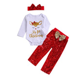 My 1st Christmas - Onesie Bodysuit, Sequin Pants and Sequin Headband 3pc. Set Baby Girl (Red & Gold Multi)