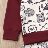 Bear, Fox and Tree Print 🐻🌲🦊 Hooded Sweatshirt and Pants 2pc. Clothing Set Baby Boy (Burgundy, Black & White)