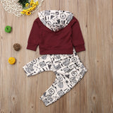 Bear, Fox and Tree Print 🐻🌲🦊 Hooded Sweatshirt and Pants 2pc. Clothing Set Baby Boy (Burgundy, Black & White)
