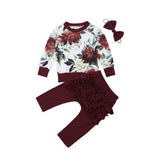 Flower Print Top, Ruffled Pants and Headband 3 pc. Set Baby Girl (Burgundy Multi)