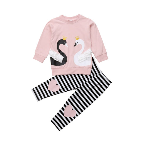 Swan Print Top and Striped Pants 2pc. Set Toddler Girl (Pink, Black & White)