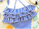 Ruffled Striped Swimsuit with Headband Toddler Girl (Blue/White)