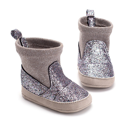 Metallic Glitter Booties Baby Shoes (Silver & Gray)