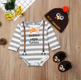 Daddy's Little Turkey 🦃 - Bowtie & Suspender Onesie, Hat and Socks 3pc. Set Baby Boy (Gray & White Multi)