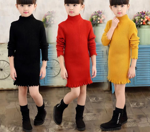 Mock Neck Long Sleeve Sweater Dress with Ruffled Hem Toddler Dress (Available in Mustard, Black, Beige, Red or Green)