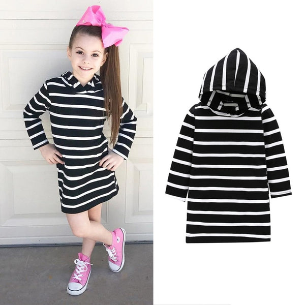 Striped Long Sleeve Hooded Dress Baby Girl and Toddler (Black and White Multi)