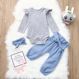 Ruffle Sleeve Top, Bow Tie Lantern Denim Jeans & Denim Headband 3pc. Set Baby Girl (Gray & Light Wash Denim)