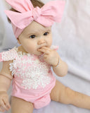 Frilly Lace Ruffled Sleeve Backless Romper with Headband 2pc. Set Baby Girl (Pink/White)