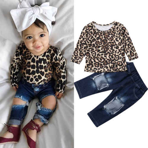 Long Sleeve Shirt and Distressed Denim 2pc. Set Baby Girl and Toddler 🐆 (Leopard & Denim)