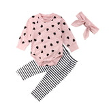 🖤 Heart Print & Stripes Onesie & Leggings with Headband 3pc. Baby Girl and Toddler (Pink/Black/White) 🖤
