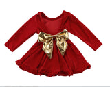 Velvet Backless Formal Dress with Vegan Leather Bow and Ruffle Hem Baby Girl and Toddler (Red with Metallic Gold Bow)