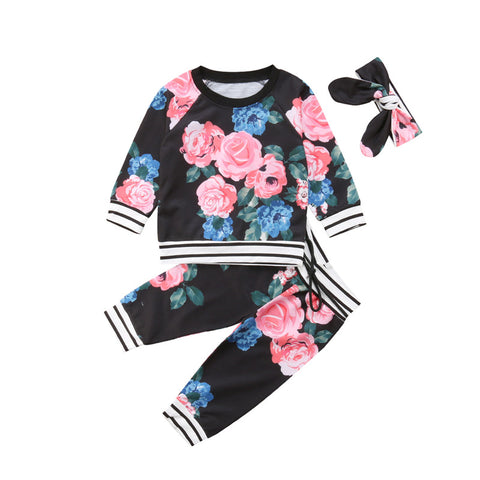 🌸 Floral & Stripe Top, Pants and Headband 3pc. Set Baby Girl (Black, Pink and Blue Multi)