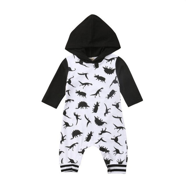 Hooded Dinosaur 🦕 Print Jumpsuit Baby Boy (Black & White)