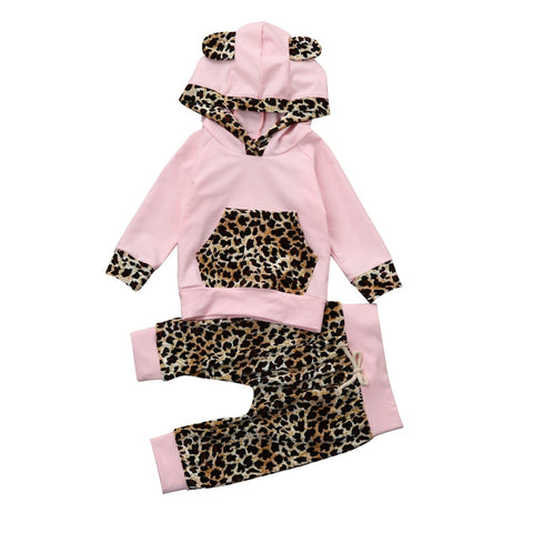 Hooded Top with Animal Ears and Pants 2pc. Set Baby Girl (Pink & Leopard) 🐆