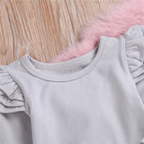 🌺 Ruffled Shoulder Top, Floral Print Pants & Headband 3pc. Set Baby Girl (Gray/Pink/White) 🌺