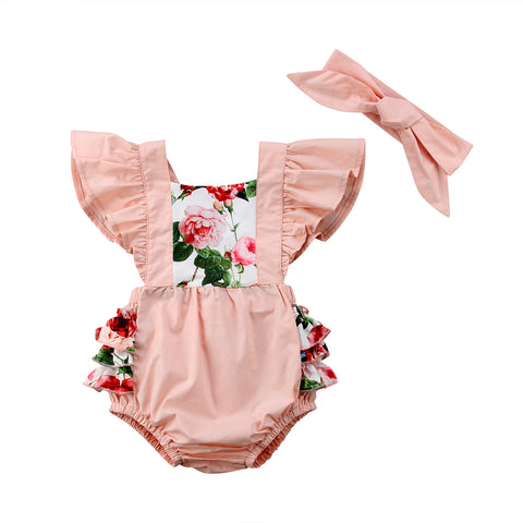 🌹 Colorblock & Floral Romper with Headband 2pc. Set Baby Girl (Pink/Red/Green) 🌹