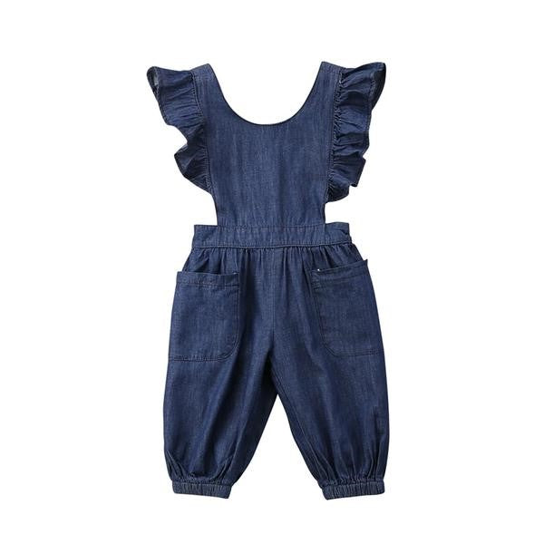 Ruffled Shoulder Jumpsuit with Side Cut Outs Baby Girl and Toddler (Dark Wash Blue Denim)
