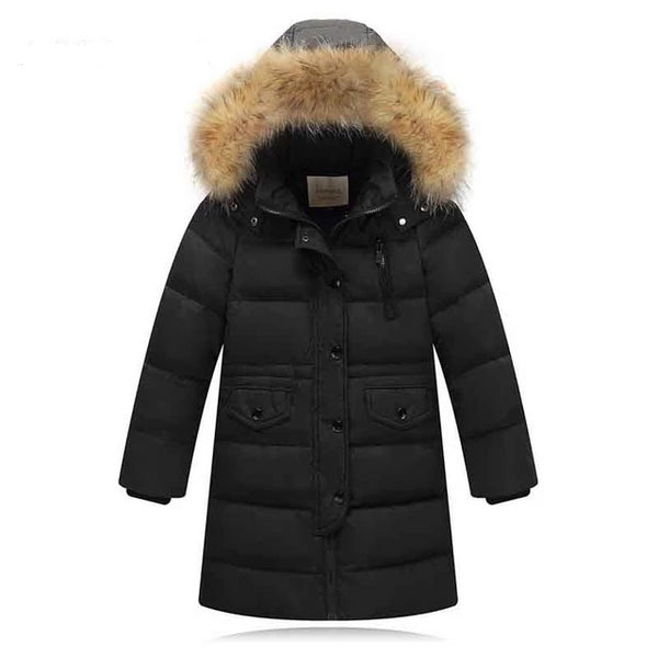 Long Puffer Coat with Vegan Fur Hood Unisex Toddler Boy Girl (Black/Red/Blue)