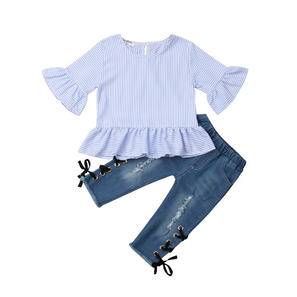 Striped Bell Sleeve Shirt and Ankle Lace Up Jeans 2pc. Set Baby Girl and Toddler (White/Blue)