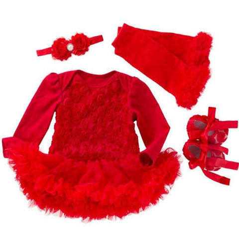 Valentine's Day 😍 4 pc. 3D Rose Dress, Headband, Legwarmers & Shoes Set Baby Girl (Available in Red or Pink)