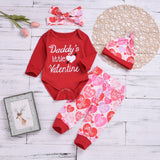 Daddy's Little Valentine 😍 - 4pc. Onesie Bodysuit, Pants, Headband and Hat Set Baby Girl (Red, Pink & White)
