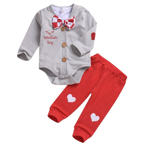 My 1st Valentine's Day❣️-  3pc. Bow Tie Shirt, Cardigan Onesie and Pants Set Baby Boy (Red, Gray & White)